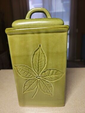 Vintage Lillian Vernon Ceramic Leaf Canister with Lid (Olive Green)